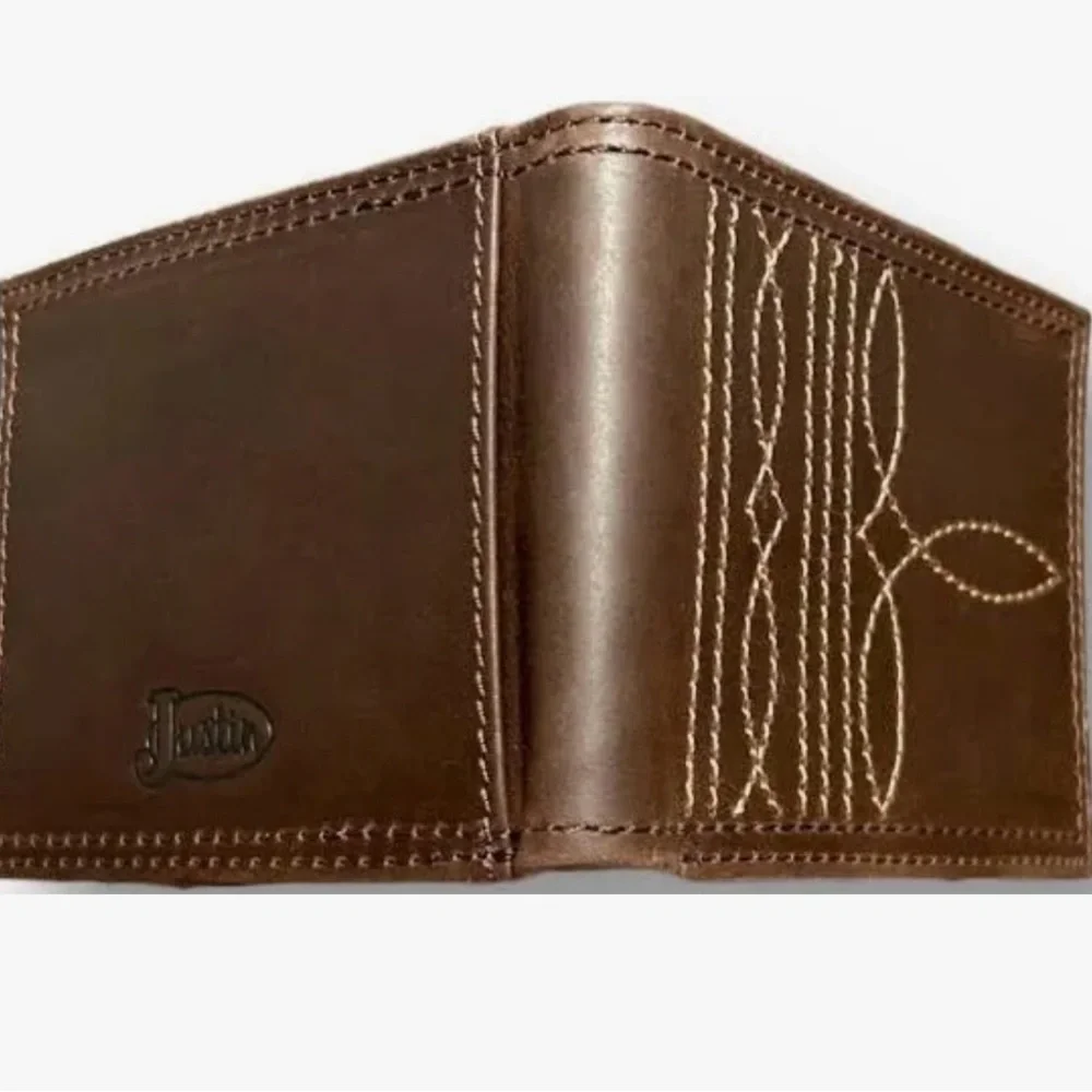 Nwt Justin Bootstitch Slim Bifold Wallet 100% Leather.